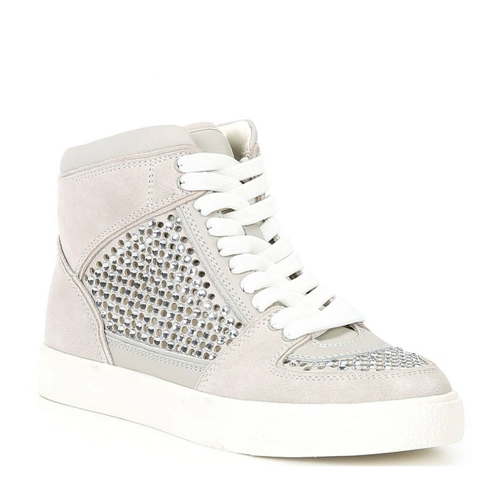 NEW Gianni Bini Evie perforated rhinestone gray beige high top sneakers 7.5M